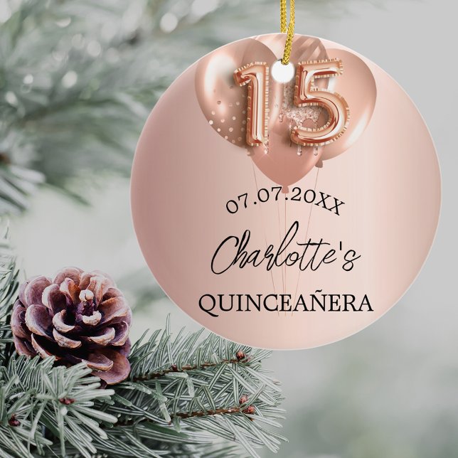 Quinceanera rose gold balloons name ceramic ornament (Creator Uploaded)
