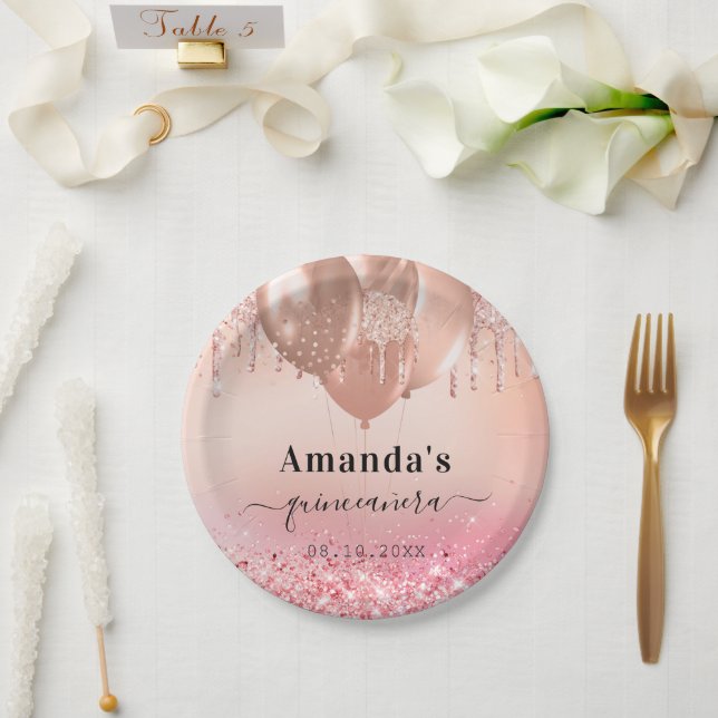 Quinceanera rose gold blush balloons name paper plate (Wedding)