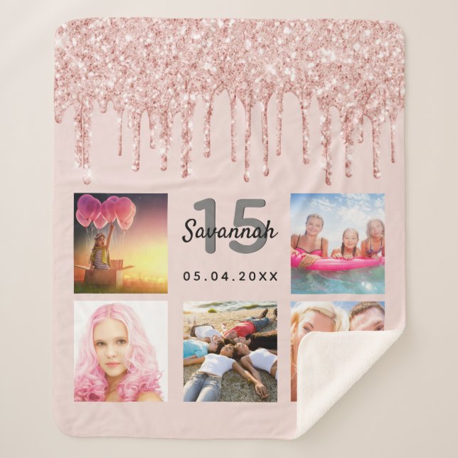 Quinceanera rose gold blush drips photo name sherpa blanket (Front)