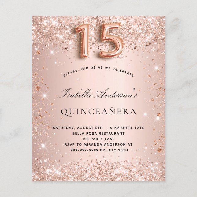 Quinceanera rose gold blush glitter budget  flyer (Front)