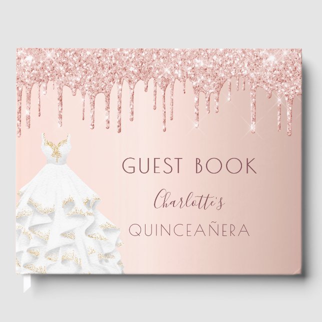 Quinceanera rose gold blush glitter drips dress guest book (Front)
