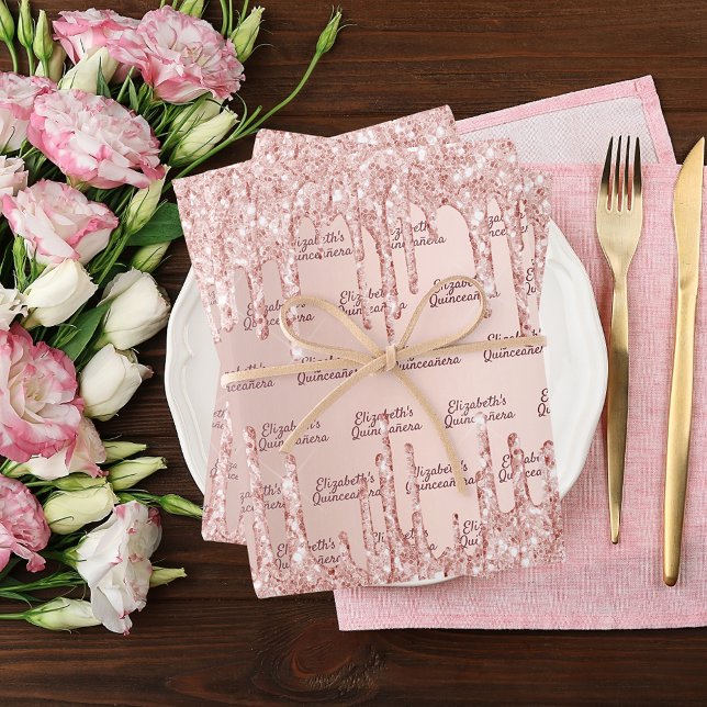 Quinceanera rose gold blush glitter drips name wrapping paper sheet (Creator Uploaded)