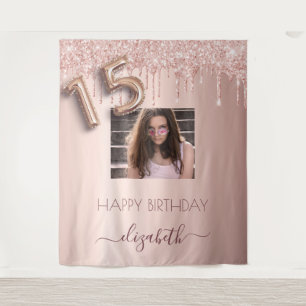 Quinceanera rose gold blush glitter drips photo tapestry