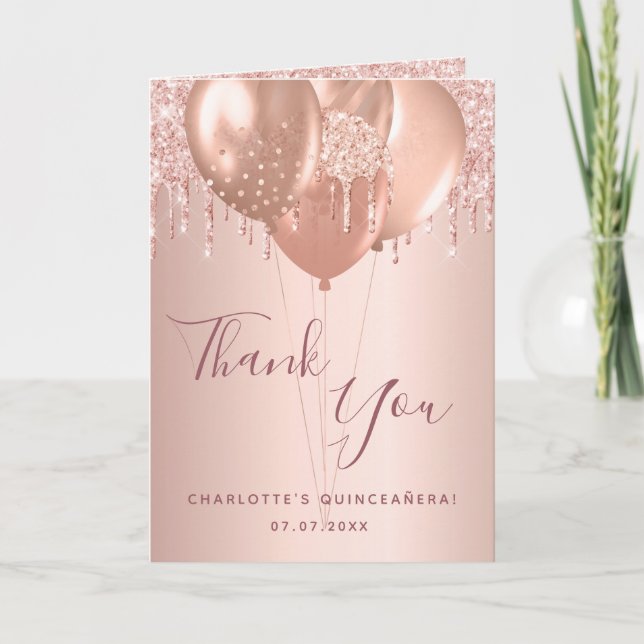 Quinceanera rose gold blush glitter drips photo thank you card (Front)