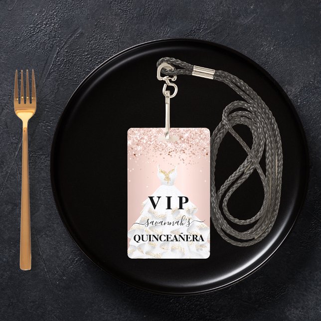 Quinceanera rose gold blush glitter dust name vip ID badge (Creator Uploaded)