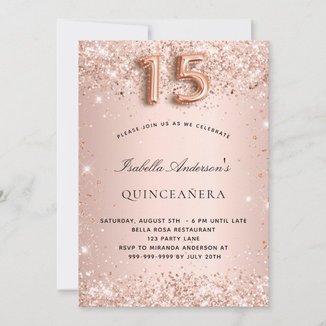 Quinceanera rose gold blush glitter invitation (Front)