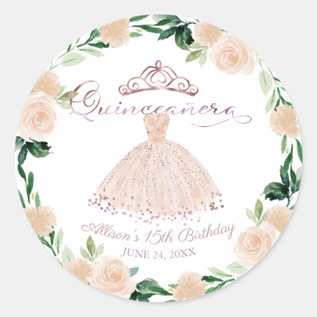 Quinceanera Rose Gold Blush Gown Pink Floral Classic Round Sticker (Front)