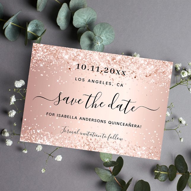 Quinceanera rose gold blush party save the date announcement postcard (Creator Uploaded)
