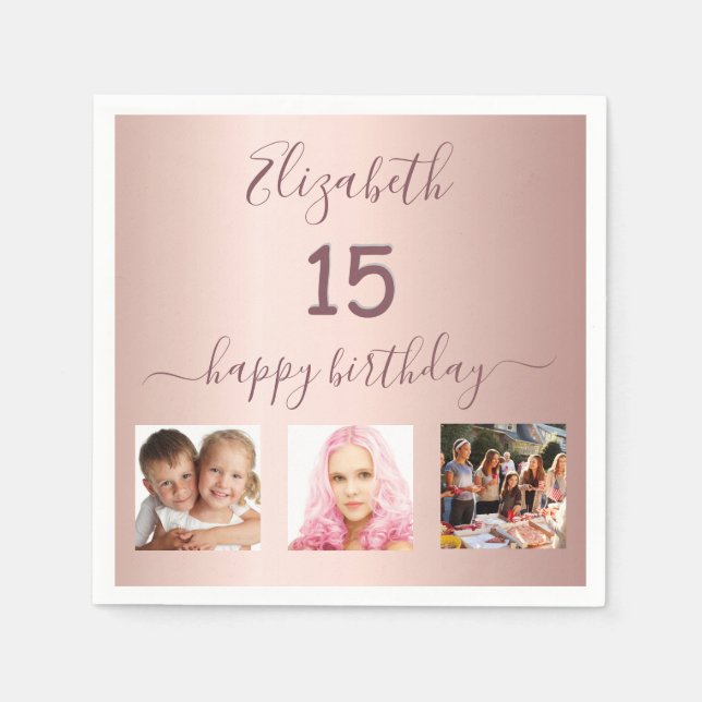 Quinceanera rose gold blush photo name  napkin (Front)