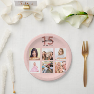 Quinceanera rose gold blush photo name paper plate