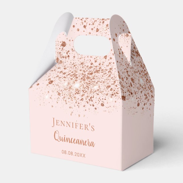 Quinceanera rose gold blush pink thank you favour box (Front Side)