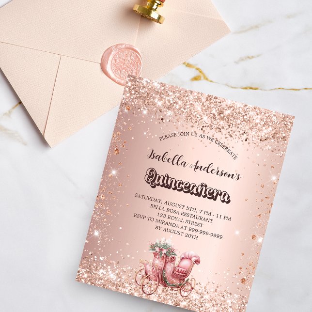 Quinceanera rose gold carriage budget invitation flyer (Creator Uploaded)
