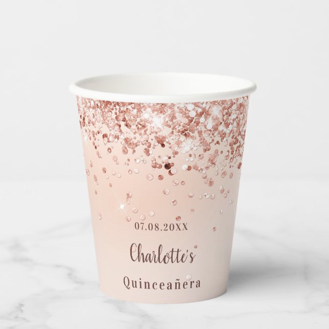 Quinceanera rose gold confetti name  paper cups (Front)