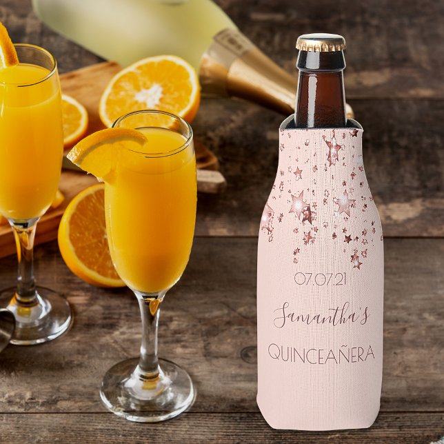 Quinceanera rose gold copper stars drips glittery bottle cooler (Creator Uploaded)