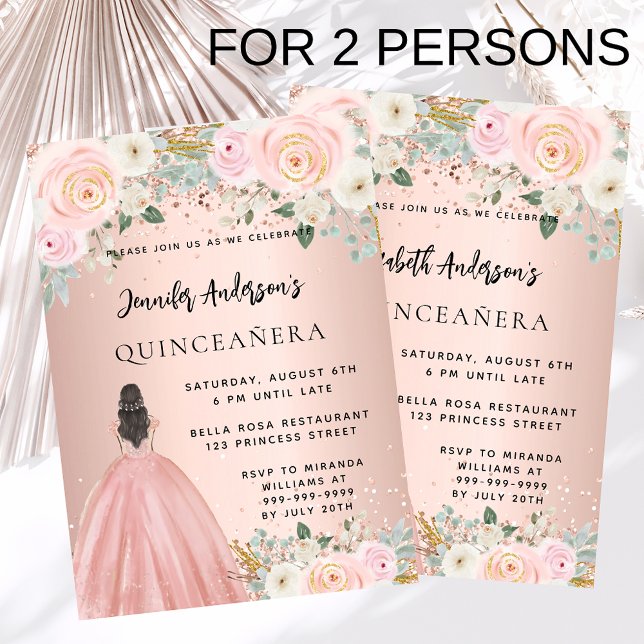 Quinceanera rose gold dress floral 2 girls luxury invitation (Creator Uploaded)