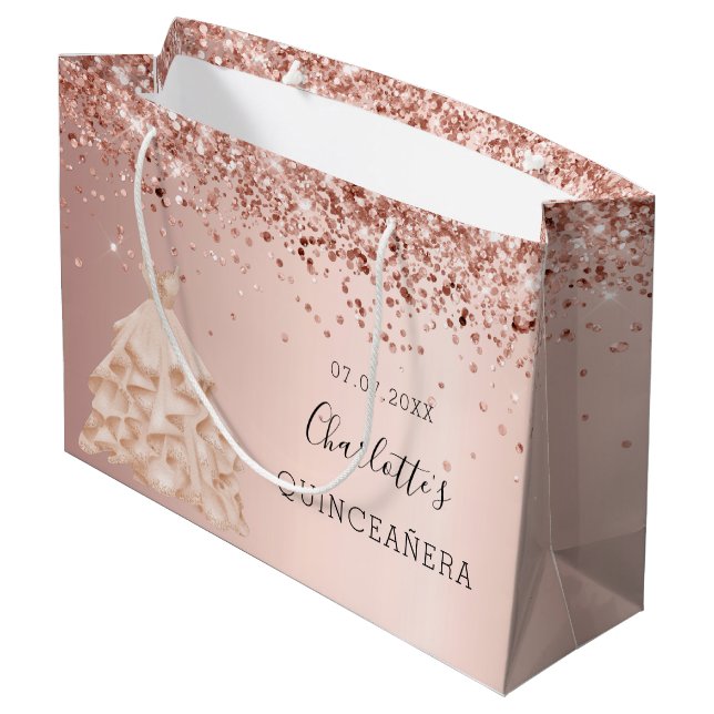 Quinceanera rose gold dress name large gift bag (Back Angled)