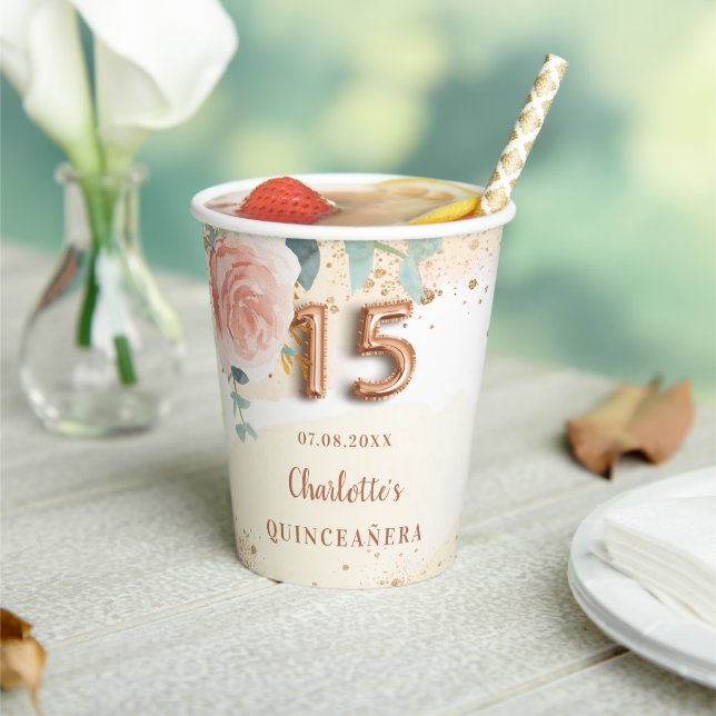 Quinceanera rose gold florals glitter golden paper cups (Insitu)