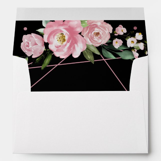 Quinceanera Rose Gold Foil Black Pink Floral Envelope (Back (Bottom))