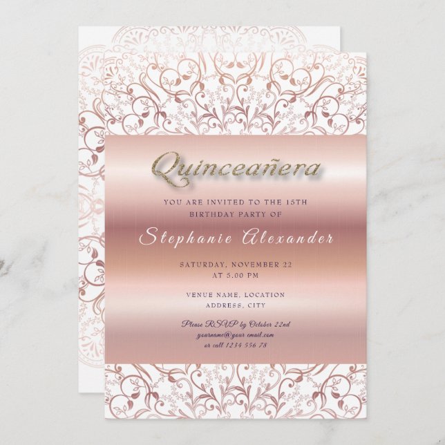 Quinceanera rose gold foil lace gold glitter invitation (Front/Back)