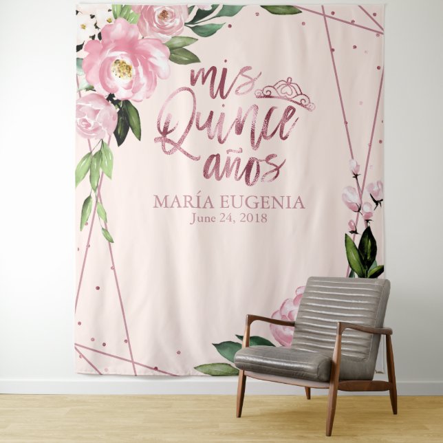 Quinceanera Rose Gold Foil Pink Floral Backdrop Tapestry (In Situ)