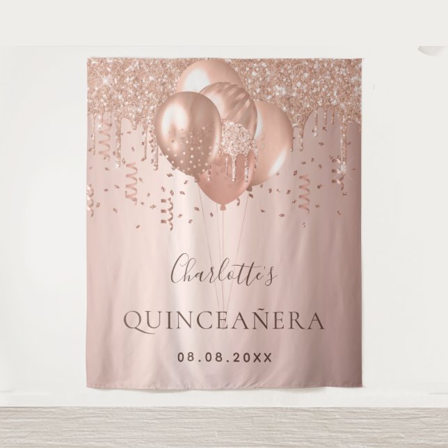 Quinceanera rose gold glitter balloons monogram tapestry (Front)
