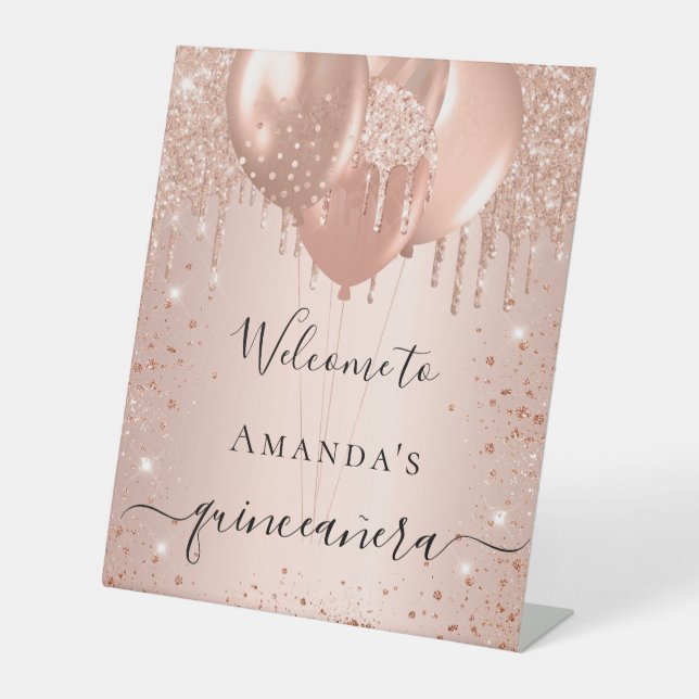 Quinceanera rose gold glitter blush party welcome pedestal sign (Front)