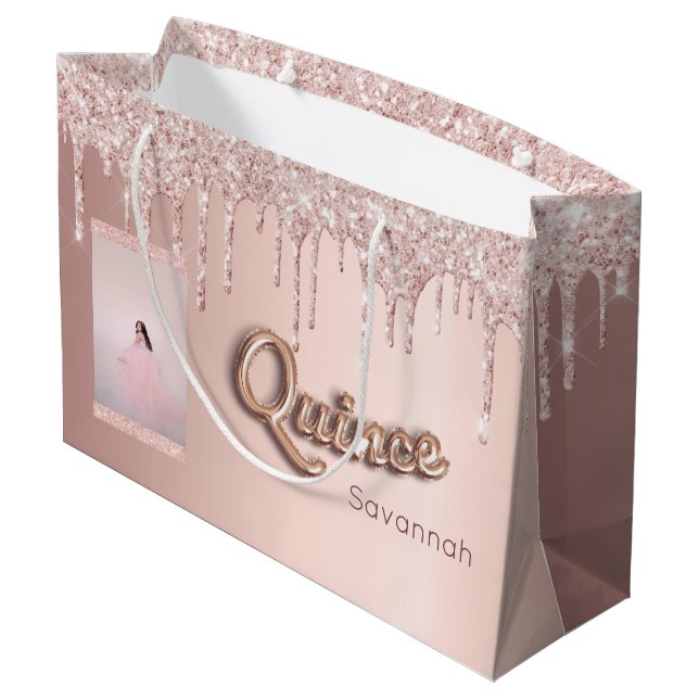 Quinceanera rose gold glitter custom photo pink large gift bag (Back Angled)