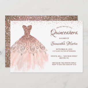 Quinceanera Rose Gold Glitter Dress Glam Party Invitation
