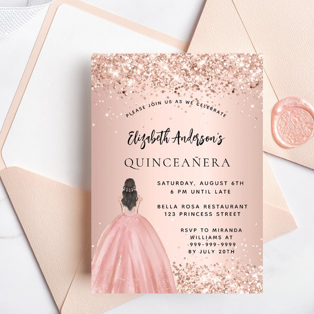 Quinceanera rose gold glitter dress invitation postcard (Creator Uploaded)