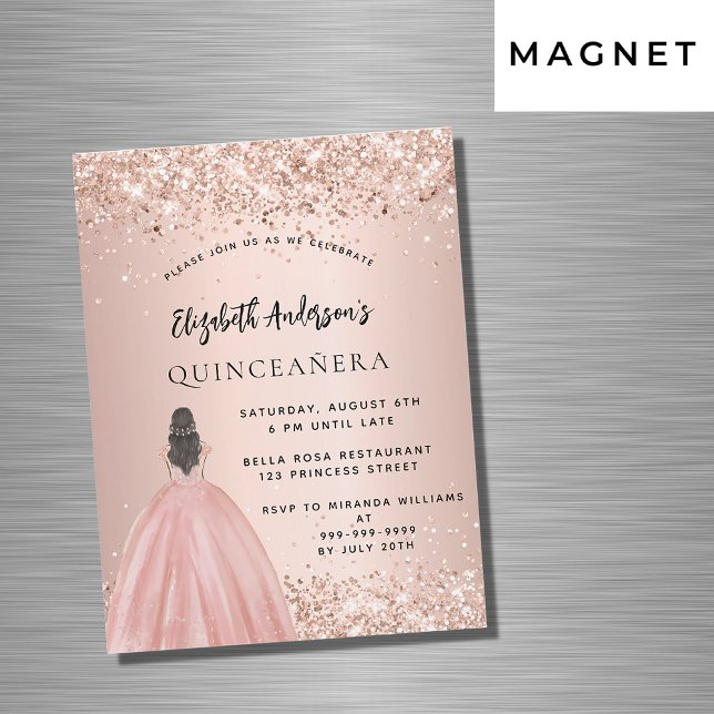 Quinceanera rose gold glitter dress luxury magnetic invitation (Creator Uploaded)