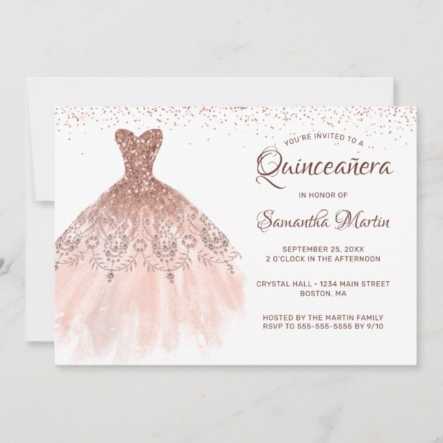 Quinceanera Rose Gold Glitter Dress on White Party Invitation (Front)