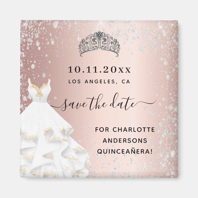 Quinceanera rose gold glitter dress save the date magnet (Front)