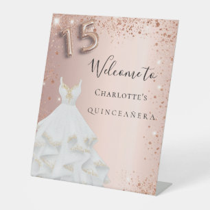 Quinceanera rose gold glitter dress welcome pedestal sign
