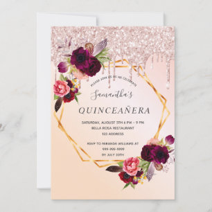Quinceanera rose gold glitter drips floral glam invitation