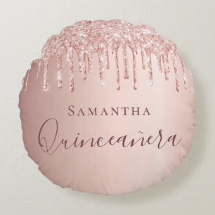 Quinceanera rose gold glitter drips monogram round cushion
