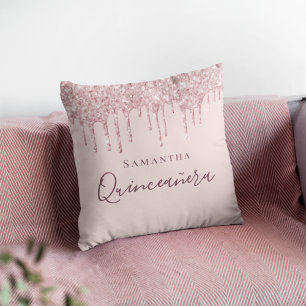 Quinceanera rose gold glitter drips name cushion