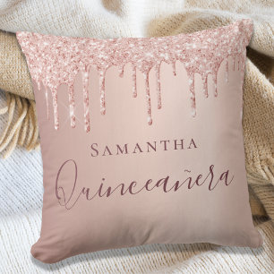 Quinceanera rose gold glitter drips name cushion