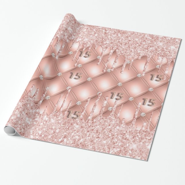 Quinceanera rose gold glitter drips pink wrapping paper (Unrolled)