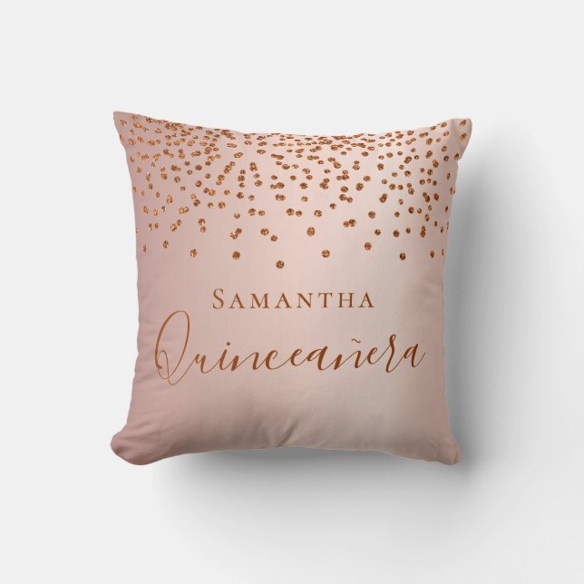 Quinceanera rose gold glitter drops name cushion (Front)