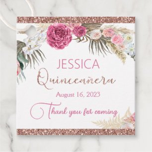 Quinceanera Rose Gold Glitter Floral Gift Tag