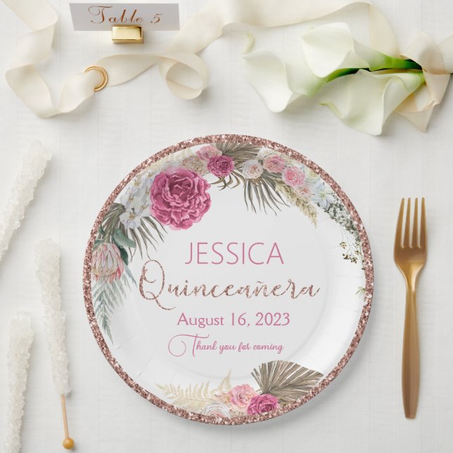 Quinceanera Rose Gold Glitter Floral Paper Plate (Wedding)