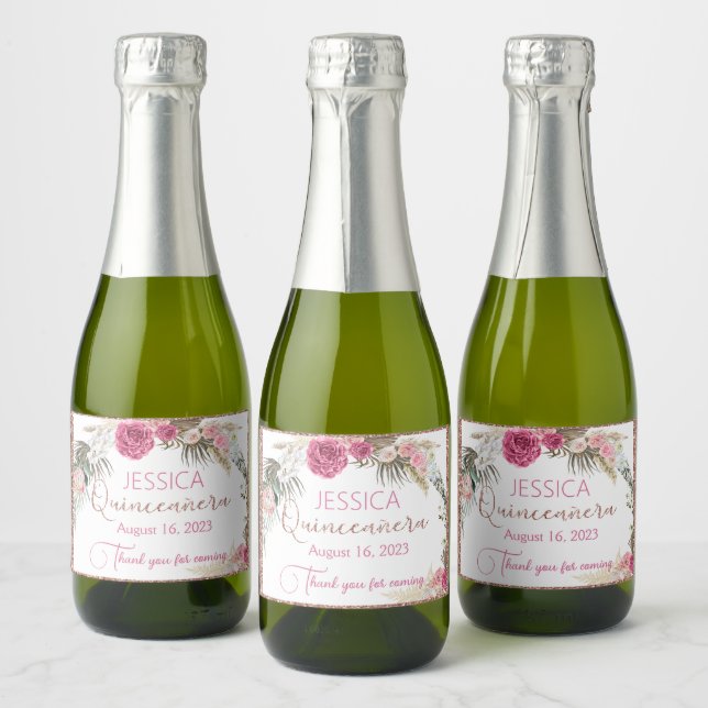 Quinceanera Rose Gold Glitter Mini Sparkling Wine  Label (Bottles)