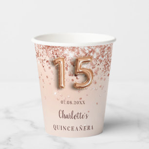 Quinceanera rose gold glitter name paper cups