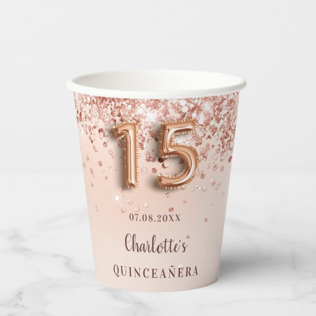 Quinceanera rose gold glitter name paper cups (Front)