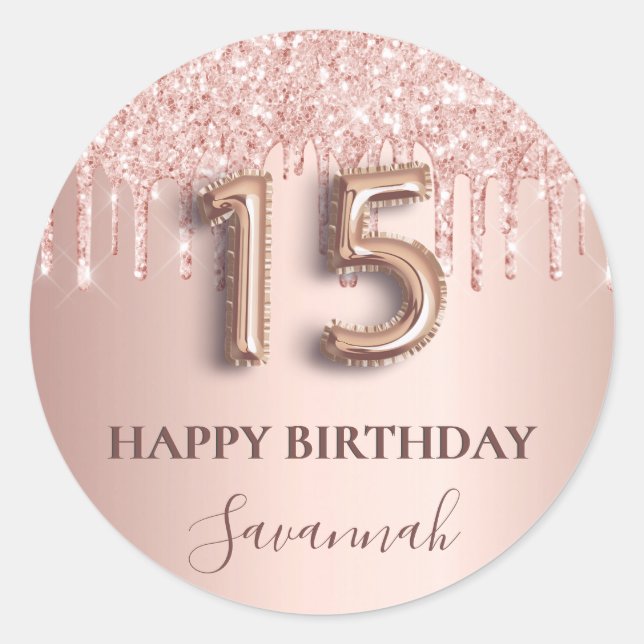 Quinceanera rose gold glitter pink balloon style classic round sticker (Front)