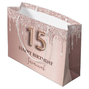 Quinceanera rose gold glitter pink balloon style large gift bag
