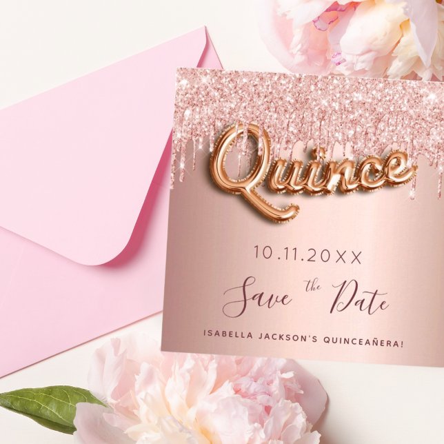 Quinceanera rose gold glitter save the date card (Creator Uploaded)
