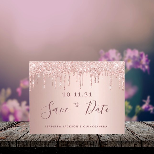 Quinceanera rose gold glitter save the date postcard (Creator Uploaded)