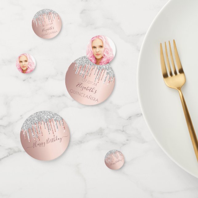 Quinceanera rose gold glitter silver photo name confetti (Group)