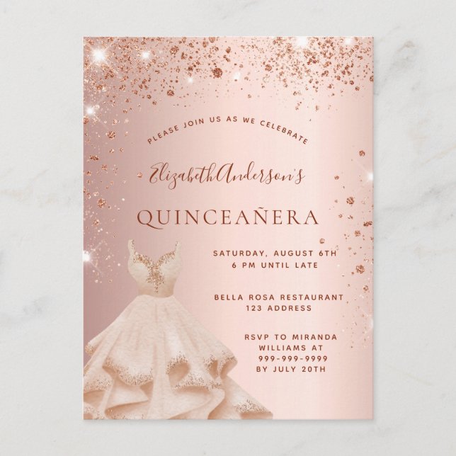 Quinceanera rose gold glitter sparkle dress invitation postcard (Front)